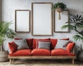 mockup of 3 frames in wall and red sofa Royalty Free Stock Photo