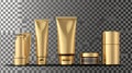 Mockup of gold cosmetic bottles, white and gold cosmetics tubes for essences, creams, oils, shampoos, and other skin Royalty Free Stock Photo