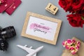 Mockup golden picture frame for travel with valentines day & love season background concept. Top view of mock up photo frame with Royalty Free Stock Photo