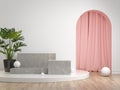 Mockup Gray Stone Podium Set Collection With Curtain And Plant White Background 3d Render