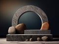 Mockup of a gray texture podium frame for product presentation, a platform with decorative stones on a dark background. Generative Royalty Free Stock Photo