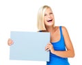 Mockup, happy and deal for woman with a poster advertising, marketing and billboard for sale, logo or giveaway. Portrait