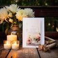 mockup harmoniously blends paper, candle, and flowers into a stylish and minimalistic presentation