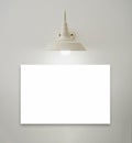 Mockup horizontal white blank artwork or picture frame under the hanging vintage glowing light lamp.