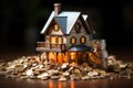 Mockup of a house and a mountain of coins. The concept of a mortgage, a real estate loan