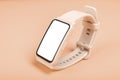 Mockup image Fitness watch on pastel background. Close-up. Front view of pink smartwatch with blank white touch screen display.