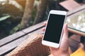 A hand holding white smart phone with blank black desktop screen in outdoor with blur green nature background Royalty Free Stock Photo