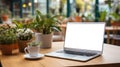 Mockup image of laptop with blank white screen on wooden table in cafe. AI Generated Royalty Free Stock Photo