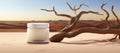 Mockup image,photo of a cosmetic jar in a natural location against the background of a sandy desert