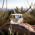 Mockup image,photo of a glass jar for cosmetics with a silver lid in a natural location