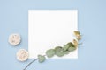 Mockup image. Square invitation card mock up with a gold eucalyptus branch. Top view of a white card mockup with branch of