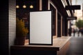 Mockup label, blank menu frame in Bar restaurant. Stand for booklets with white sheets paper on wooden table cafeteria Royalty Free Stock Photo