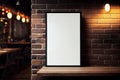 Mockup label, blank menu frame in Bar restaurant. Stand for booklets with white sheets paper on wooden table cafeteria Royalty Free Stock Photo