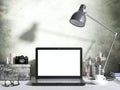 Mockup laptop computer on desk in living room background. workspace with blank screen laptop Royalty Free Stock Photo