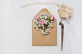 Mockup Letter with flowers and calligraphic pen greeting card for St. Valentine`s Day in rustic style with place for Royalty Free Stock Photo