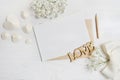 Mockup Letter with pen greeting card for St. Valentine`s Day in rustic style with place for your text, Flat lay, top view photo m Royalty Free Stock Photo