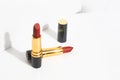 mockup of lipstick cosmetic makeup product, branding of beauty fashion, red rose lips on white Royalty Free Stock Photo