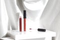 Mockup of lipstick cosmetic makeup product, branding of beauty fashion, red rose lips on white Royalty Free Stock Photo