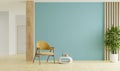 Mockup living room interior with armchair on empty blue color wall background Royalty Free Stock Photo