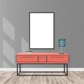 Mockup living room interior with empty frame, bureau, lamp, parquet flooring, concrete wall. Royalty Free Stock Photo