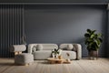 Mockup living room interior with sofa and armchair on empty dark blue wall background Royalty Free Stock Photo