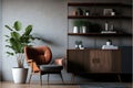 Mockup living room with wood cabinet,table,shelf and armchair with polished concrete loft style wall.3d rendering