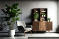 Mockup living room with wood cabinet,table,shelf and armchair with polished concrete loft style wall.3d rendering