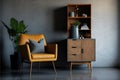 Mockup living room with wood cabinet,table,shelf and armchair with polished concrete loft style wall.3d rendering