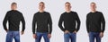 Mockup male textile sweatshirt on a sporty man in blue jeans, front and back view, blank apparel with long sleeves, for design Royalty Free Stock Photo