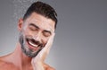 Mockup, man and water for face, beauty and foam for washing, dermatology and grey studio background. Skincare, male and Royalty Free Stock Photo