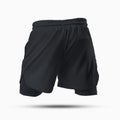 Mockup of men`s textured black shorts with compression lining, 3D rendering, back view, isolated on background