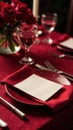 Mockup for menu or specials on Valentines day in restaurant, white blank template at table setting with red plate Royalty Free Stock Photo