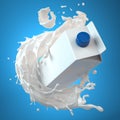 Mockup of milk tetra pack. Carton box  or packaging and splash of milk on blue background Royalty Free Stock Photo