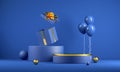 Mockup Minimal Celebrate Blue Podium With Golden Top And Gift Box Abstract Background 3d Render