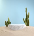 Mockup Minimal Display Podium On Sand, Cactus Desert, 3D Render Background