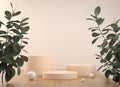 Mockup Minimal Empty Beige Color Podium Set On Wood Floor And Tropical Plant Natural Concept Abstract Background 3d Render
