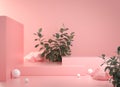 Mockup Minimal Empty Pink Podium Step With Rock And Tropic Plant Abstract Background Scene 3d Render