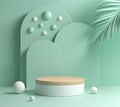 Mockup Mint Pastel Modern Minimal Wooden Podium With Palm Leaf Abstract Background 3d Render