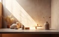 Mockup of modern empty brown concrete tabletop with bathroom decor in sunlight, stucco wall texture