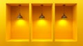 This mockup is a modern realistic illustration of a yellow rectangular niche with lamp lights. This mockup is suitable