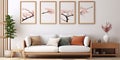 Mockup multi - frame photo collage in a cozy corner in an japanese style living room