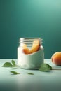 A mockup of natural yogurt with fresh apricot in glass jar. Healthy food, healthy lifestyle, the concept of a sports Royalty Free Stock Photo