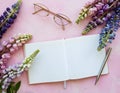 Mockup notebook with lupine flowers Royalty Free Stock Photo