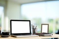 Mockup office computer on desk with coffee cup ,notepad and photo frame, office workspace concept. Royalty Free Stock Photo