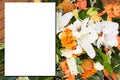 Mockup with orange white flowers in marriage flat lay top view for wedding invitation background