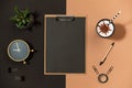 Mockup paper clipboard on office table top view Royalty Free Stock Photo