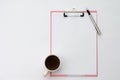 Mockup pen Coffee cups, earphones Note paper Placed on a wooden top view