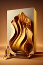 Mockup for perfume brand, small single bottle on stone podium with abstract golden wavy 3d backdrop behind, AI generative