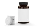 Mockup of pharmacy bottle with blank label and round tablets