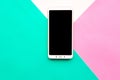 Mockup phone on geometric pink,white and green paper background